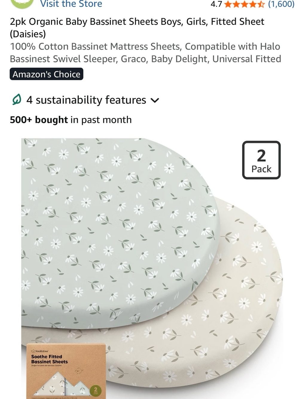 Organic Daisy Bassinet Fitted Sheets - Sage Green & Soft Cream (2-Pack)